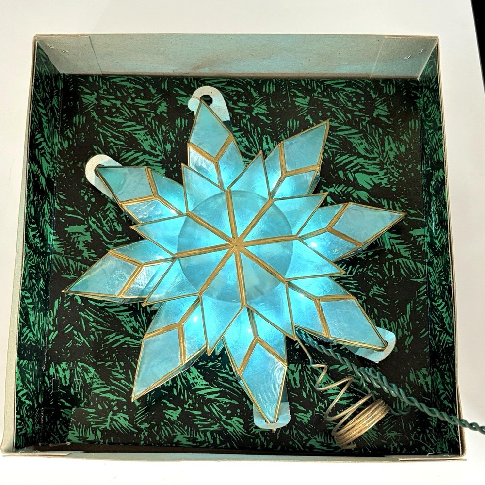 Vintage Kurt Adler Electric Tree Topper Star Stain Glass Style Plastic Blue Gold